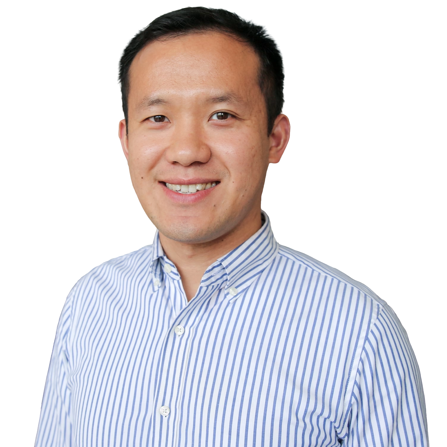asian man with short black hair and a blue shirt