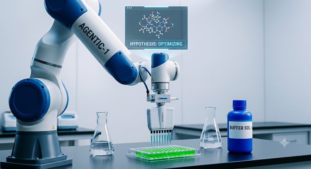 Robot arm doing buffer solutions guided by AI agent.